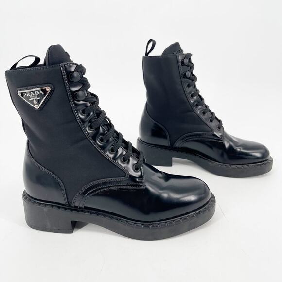 Prada Black Spazzolato Re-Nylon Metal Triangle Logo Combat Ankle Boot size IT 36 - Picture 2 of 14